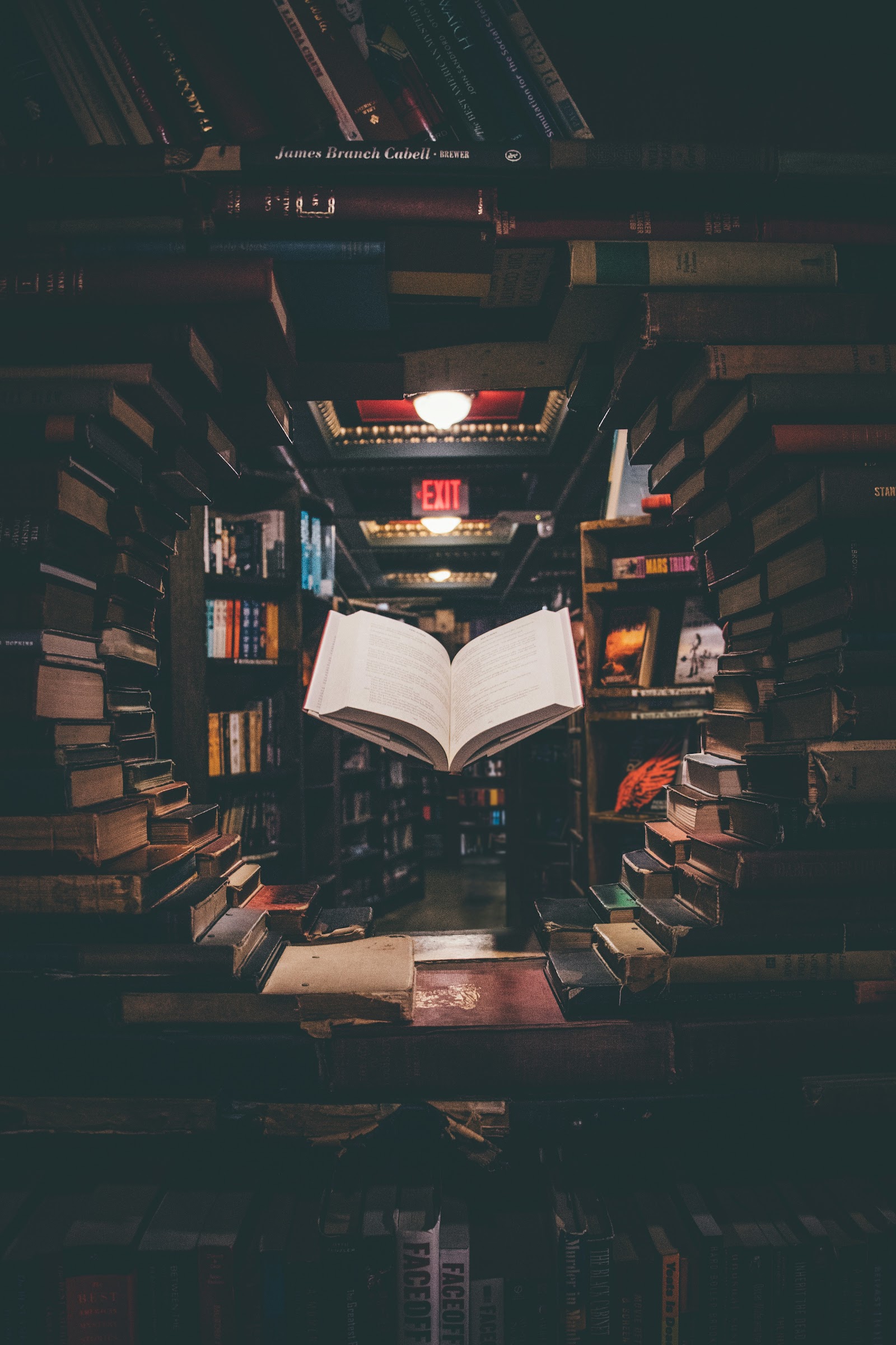 A single open book floating in a tunnel of bookshelves